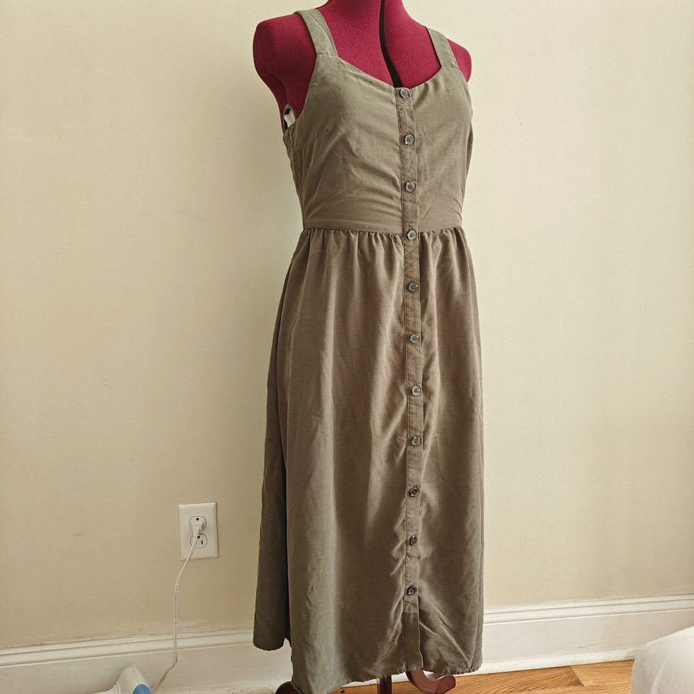 Nicole Miller New York Olive Green Button Front Midi Sundress Strappy Size 6